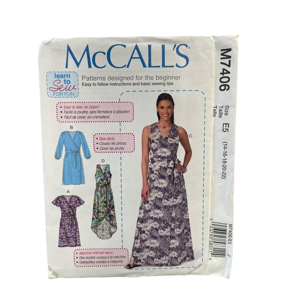 McCALL'S M7406 Misses' Wrap Dress Pattern Size 14-22 Beginner UNCUT FF